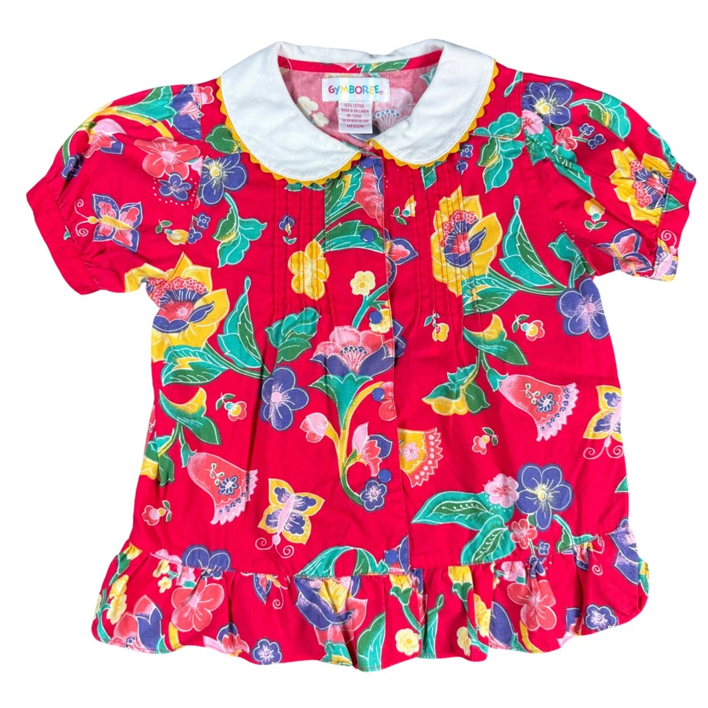 Gymboree Vintage 80s Floral Butterfly Top Girls M Red Peter Pan Collar Ruffle